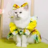 Vêtements pour chiens Robe à manches pour animaux de compagnie Ensemble d'impression de tournesol avec nœud Décor Chat Princesse Coiffe Légère Confortable