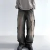 Jeans da donna KOXINVES Pantaloni cargo da donna lavati da strada 2024 Primavera Tasca patchwork dritta Colore sfumato Vita alta Allentato Casual
