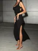 Casual Dresses Fashion Womens Summer Bodycon Tank Dress Solid Color Sleeveless U-Neck Back Cutout High Slit Long Street Style