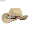 Breda brimhattar hink retro usa brev vinge läder bälte band kvinnor /barn barn ull varm cowboy western hatt cowgirl cap (54-57-61cm 240319