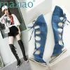 Boots Women thong shoes Denim summer boots Low heels Over the knee high boots Woman black blue beige shoes Clip toe sandals MAZIAO