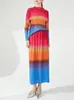 Robes de travail YUDX Miyake imprimé coloré plissé ensemble pour femmes manches longues T-shirt a-ligne jupes taille haute fête élégante 2024 printemps