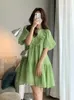 Green Maternity Summer Clothes Fashion Plus Size Pregnant Woman Clothes Puff Sleeve Ruffles Patchwork O-Neck Pregnancy Dresses 240311