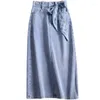 Skirts Arrival Summer Women Casual Loose Split Design A-line Mid-calf Skirt Vintage Elastic Waist Cotton Denim P325