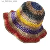 Szerokie brzegowe czapki czapki czapki 100% Raffia Rainbow Girl Sun Hat Wide Brown Cork Summer Hat odpowiednio na damski plaż