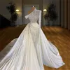 Exquisite Pearls Mermaid Bridal Gowns One Shoulder Wedding Dress Detachable Train Long Sleeve Side Split Custom Made Bride Dresses