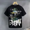 American Cartoon Graffiti Tryckt kort T-shirt, Summer Trendy Instagram Men's Casual Loose Halfeheid Par T-shirt