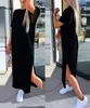 Vestidos casuais verão para mulheres 2024 fenda manga curta em torno do pescoço cor sólida reta solta robe vestido feminino