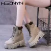 Boots 2024 Autumn Winter Nieuwe LaceUp Decoration Dames enkellaarzen Round Head Fashion Platform Dames Casual Motorcycle Boots