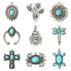 Charms 5 Stück Böhmischer Stil Anhänger Antik Silber Farbe Harz Cabochons Nachahmung Türkis Kreuz Blume DIY Halskette Schmuck