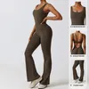 V Back Scrunch Gym Set Women Sport Onepiece Suit Yoga Fleared Pants Sports Jumpsuit Fitness Rompers Workout Bodysuits 240307