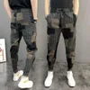 Herr jeans avslappnad lapptäcke tryckt vår höst koreansk designer baggy byxor gym kläder japanska streetwear harem jogger män