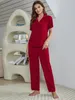 3-teiliges Pyjama-Set für Sommer-Damen mit kurzen Ärmeln, Button-Down-Hemd und Hose mit sexy BH, solide rote Hose mit eingekerbtem Oberteil 240308