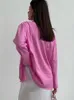 Kvinnors T-skjortor Fashion Cotton Oversize Pink T-shirts Kvinnor Sliter stilig O-Neck Loose Casual Pullover Tops Street Style Thin Long Sleeve Tee