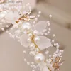 Tiara's Luxe Gouden Parel Strass Haarsieraden Voor Vrouwen Handgemaakte Tiara Bruids Haarbanden Bruiloft Haaraccessoires Cadeau Hoofddeksels Y240319