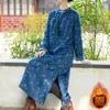 Ethnic Clothing 2024 Chinese Cotton Linen Printed Dress Women's Winter Thickened Qipao Long Skirt Floral Printing Blue Cheongsam