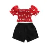 Kläder sätter Citgeesummer Valentines Days Kids Girls Clothes Off Axel Ruffles Kort ärm Hjärttryckt T -skjortor Denim Shorts