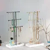 Decorative Plates 3 Tier Brass Metal T-Bar Jewelry Organizer Stand Necklace And Bracelet Hanging Display With Ring Tray