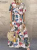 2023 Zanzea Bohemian Holiday Sundress Summer Women Vintage Floral Printed Short Sleeve Sukienka na plaży luźna długa szata femme 240314