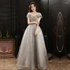 Casual Dresses Grey Elegant One Shoulder Sleeveless Back Banding Gowns Party Banket Female Scen Show Cheongsam