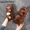 Sandalen Nieuw ontwerp Women Gladiator Retro Sandals Summer Open Toe Cool Boots Ladies Echt lederen Hoog hielplatform Casual Sandalen