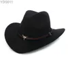 Szerokie brzegowe czapki wiadra Nowa West Cowboy Hat Fashion Wool Wool Felt Metal Bull Head Dekoracja Sombrero Western Men Cap Black Brown 240319