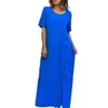 Casual Dresses Women Solid Color Dress Long Soft Breathable Maxi With O Neck Button Decor Ankle Length Split Women's