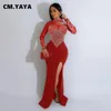 CM.YAYA Donna Manica Lunga Diamanti Strass High Side Split Sirena Midi Maxi Dress 2024 Anche Abiti da festa sexy Abiti 240319