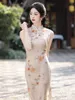 Etnische kleding Jonge elegante dame Stijl Perzikbloesem Crêpe Lange Cheongsam Lente en zomer Chinees Mouwloos Dagelijks draagbaar