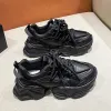 Män kvinnor chunky sneakers casual skor plattform rund tå tjock sula snörning damtränare svart vit äkta läder syntetiska lapptäcke damer höst aa002