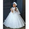 Flicka klänningar vit båge ärmlös blomma för bröllop eleganta tyllapplikationer första nattvards klänningar barn formell festklänning