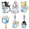 Bangle JIUHAO 925 Silver Moonstone Animals Gift Pink Rabbit Pendant With Cat Fit DIY Charms Bracelet And Bracelet Fine Jewelry 240319