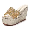 Slippers Gold Silver Wedge Women Sandals Transparent Peep Toe High Heels Ladies Glitter Platform Wedges Summer Slides