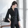 Calças femininas de duas peças retro casual alto-falante manga blazer casaco perna larga conjunto pendulares duplo breasted split cinto terno de duas peças