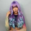 Perucas sintéticas loira unicórnio sintético longo ondulado peruca ombre roxo para azul para mulheres cosplay halloween perucas resistente ao calor fibra franja cabelo 240328 240327