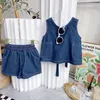 Zestawy odzieży Baby Girls Dżins stały kolor bez rękawów koronkowy kamizelki kamizelki elastyczne talia luźne szorty 2pcs letnie moda