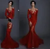 Red Lace Applique Flower Evening Pageant Dresses with Long Sleeve 2020 Sheer Oneck Illusion Back Trumpet Occasion Prom Dress5770855