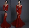 Red Lace Applique Flower Evening Pageant Dresses With Long Sleeve 2020 Sheer Oneck Illusion Back Trumpet Occasion Prom Dress5770855