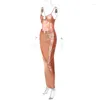 Casual Jurken Metalen Ring Y2K Metallic Vergulden Maxi Slip Jurk Vrouwen Sexy Uitgehold Spaghettibandjes Ruglooze Bodycon Lange Club Party Gewaden