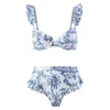 Women's Swimwear Ruffle Bikini Set Resort Style Bohemia Sleeve Bandeau Bra High Waist Swim Floral Print