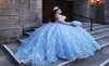 Atemberaubendes Bahama-Blaues Quinceanera-Bonbon-16-Kleid mit Pailletten, Spitze, trägerlos, mit Schnürung und kurzen Ärmeln, Ballkleid, Grad3701785