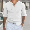 Camisas casuais masculinas Camisa de decote em V Camisa retrô de laço v pesco
