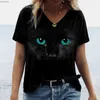 Женская футболка Женская футболка Kaii Cat Print 3d футболка Топ Модные футболки с короткими рукавами Y2k с v-образным вырезом Женская одежда Летние футболки больших размеровC24319