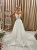 Elegant Sparkly Lace Deep V Neck Spaghetti Straps A-Line Wedding Dress Backless Embroidery Appliques Bridal Gowns can be customized