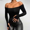 Women's T-Shirt Fashion T Shirts Women 2024 Off The Shoulder Long Sleeve Skinny Top Tee Solid Elegant Chic All-Match T-Shirt Daily StreetwearC24319