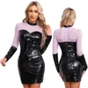 Casual Dresses Womens Anime Witch Cosplay Costumes See-through Mesh Patchwork Patent Leather Long Sleeve Bodycon Dress For Halloween