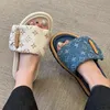 Letter denim print hook and loop flat slippers female open toe wearing thick-soled lazy sandals