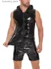 Herren Tank Tops S-7XL Ärmellos Glänzendes Kunstleder Tank Top Wet Look PVC Kapuzenweste Tanktop Strumpfhosen Gothic Hip Hop Shirt Muscle Hot Shapers L240319