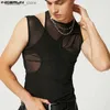 Herrtankstoppar män tank tops ihåliga ut mesh transparent streetwear solid o-hals ärmlösa västar 2023 sexig fest nattklubb topps s-5xl l240319