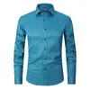 2024 New Solid Color Elastic Shirt Long Sleeved Men's Fashion Shirt Top Slim Fit Cross Border Men's Wear